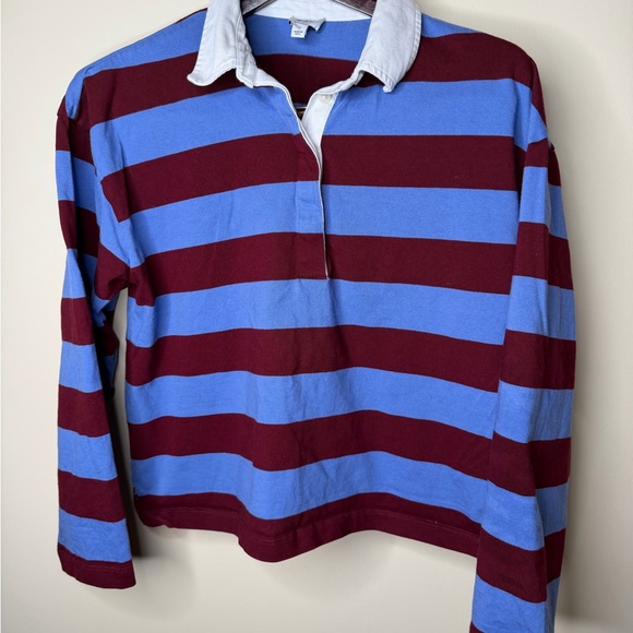 J.CREW Women’s Rugby Striped Long Sleeve Collar Blue Maroon Cotton Size Medium - Picture 4 of 4